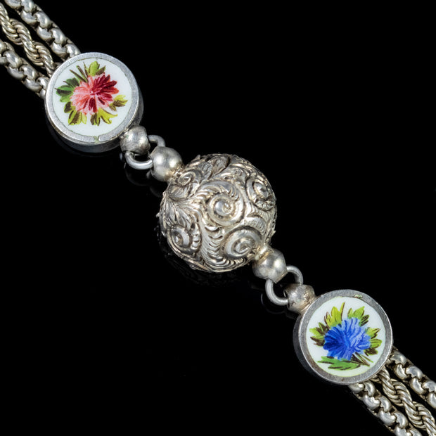 Antique Victorian Enamel Flower Albertina Bracelet Silver Circa 1890