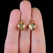 Antique Victorian Engraved Heart Earrings 9Ct Gold Circa 1900