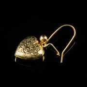 Antique Victorian Engraved Heart Earrings 9Ct Gold Circa 1900