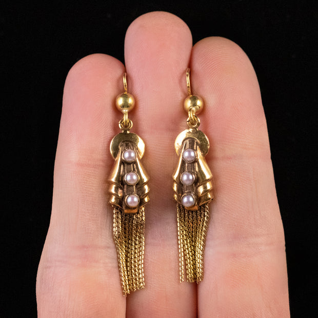 Antique Victorian Etruscan Pearl Fringe Earrings 18Ct Gold Circa 1880