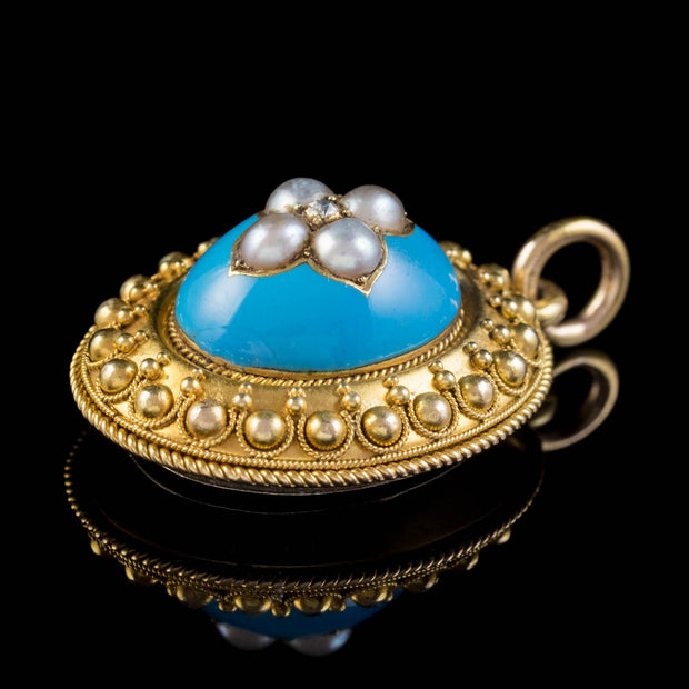 Antique Victorian Etruscan Revival Blue Enamel Pearl Mourning Locket 18Ct Gold Circa 1860