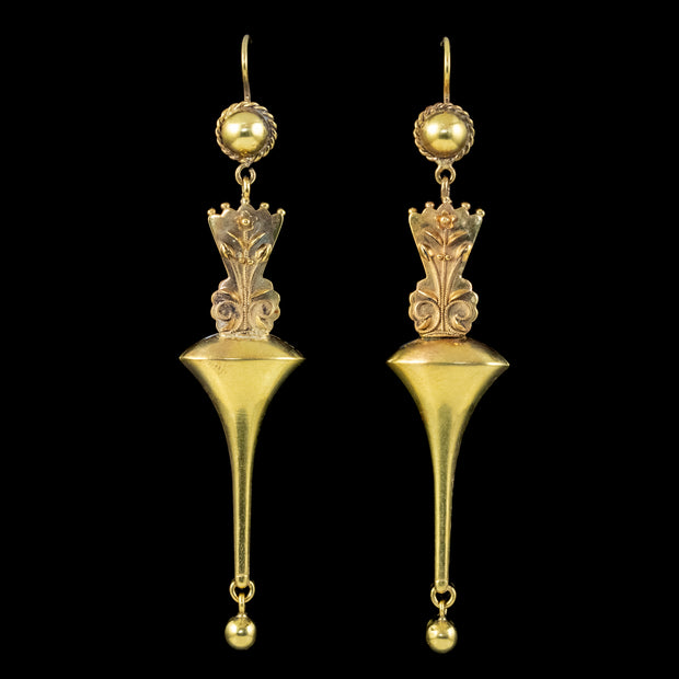 Antique Victorian Etruscan Revival Drop Earrings 15Ct Gold Circa 1880