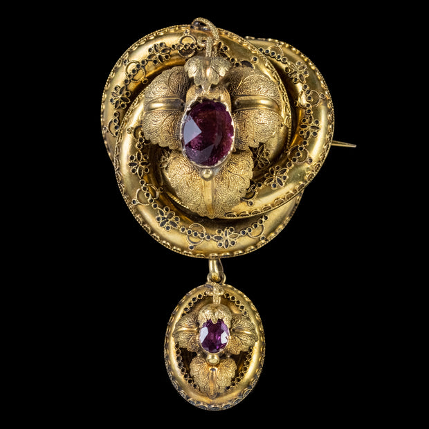Antique Victorian Lovers Knot Brooch Amethyst 15Ct Gold Locket Circa 1880