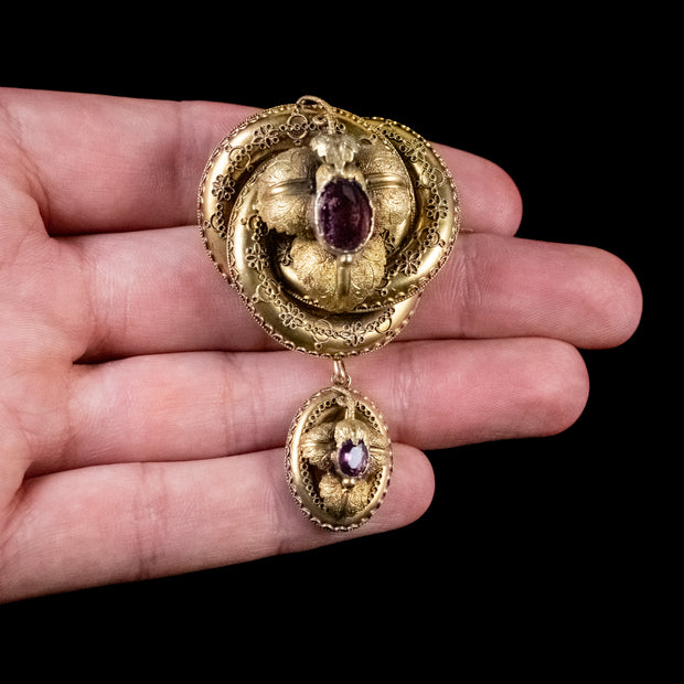 Antique Victorian Lovers Knot Brooch Amethyst 15Ct Gold Locket Circa 1880