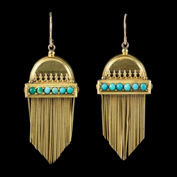Antique Victorian Etruscan Revival Turquoise Fringe Earrings 18Ct Gold Circa 1860