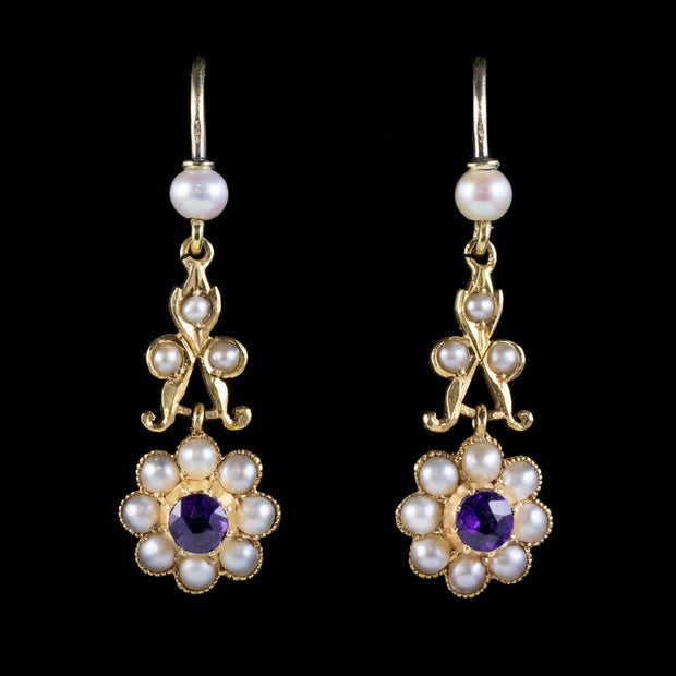 Antique Victorian Floral Amethyst Pearl Cluster Drop Earrings 18Ct Gold Circa 1900