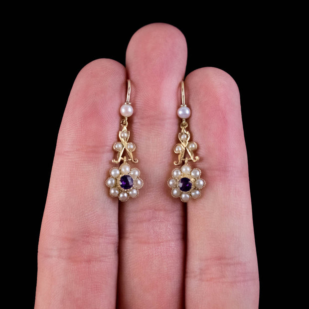 Antique Victorian Floral Amethyst Pearl Cluster Drop Earrings 18Ct Gold Circa 1900