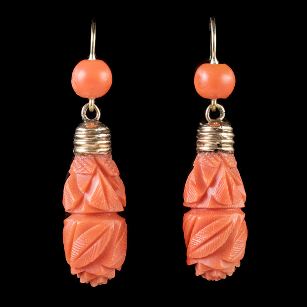 Antique Victorian Floral Coral Drop Earrings 15Ct Gold Circa 1900