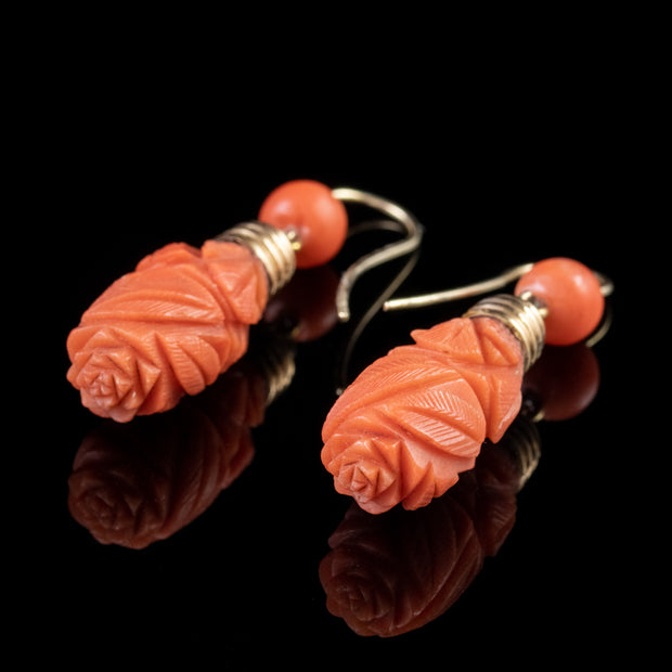 Antique Victorian Floral Coral Drop Earrings 15Ct Gold Circa 1900