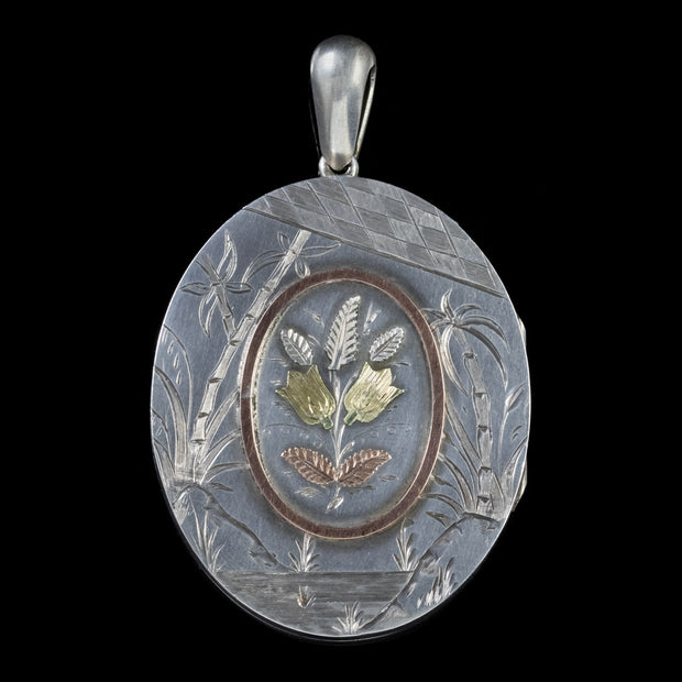 Antique Victorian Floral Locket Sterling Silver 18Ct Gold Circa 1880