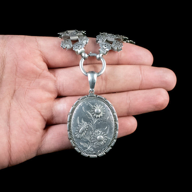 Antique Victorian Floral Silver Locket Collar Necklace Circa 1880