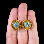 Antique Victorian Etruscan Revival Flower Earrings 18Ct Gold Turquoise Diamond Circa 1860