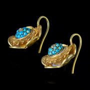 Antique Victorian Etruscan Revival Flower Earrings 18Ct Gold Turquoise Diamond Circa 1860