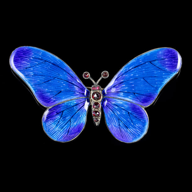 Antique Victorian Garnet Blue Enamel Butterfly Brooch Silver Circa 1900