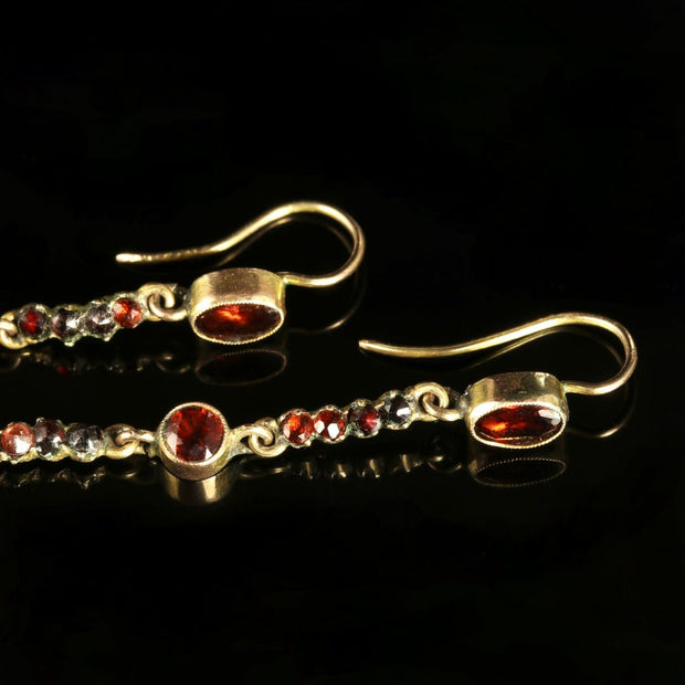 Antique Victorian Garnet Gold Long Earrings Circa 1900