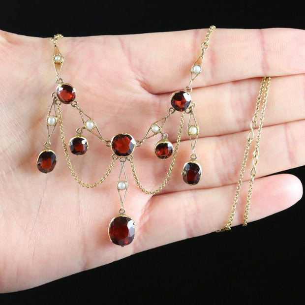 Antique Victorian Garnet Pearl Necklace 18Ct Gold Lavaliere