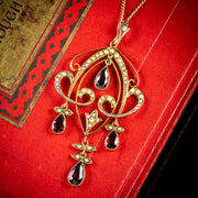 Antique Victorian Garnet Pearl Pendant Necklace 9Ct Gold Circa 1900
