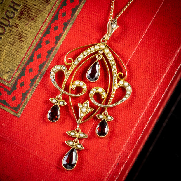 Antique Victorian Garnet Pearl Pendant Necklace 9Ct Gold Circa 1900