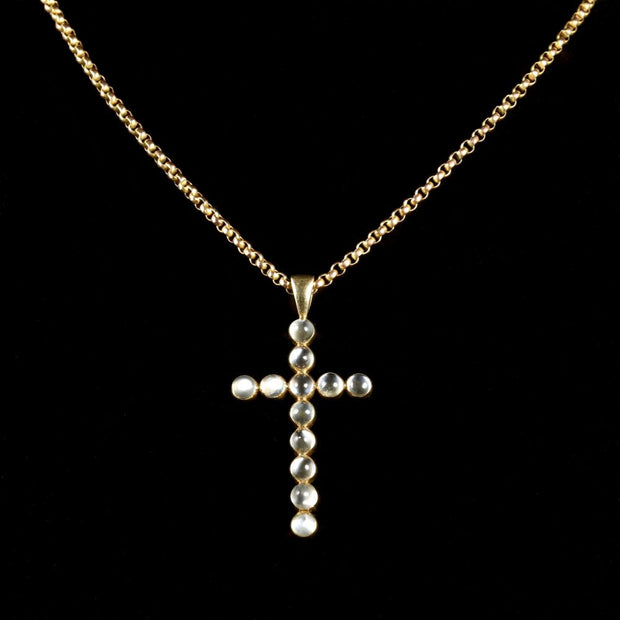 Antique Victorian Gold Moonstone Cross And Gold Necklace Circa 1900