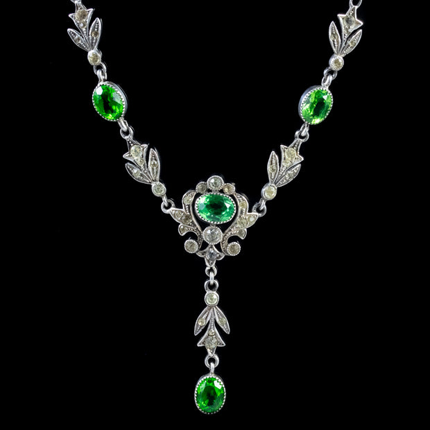 Antique Victorian Green Paste Lavalier Necklace Sterling Silver Circa 1900