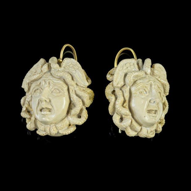 Antique Victorian Hand Carved Lava Stone Medusa Earrings Circa 1850