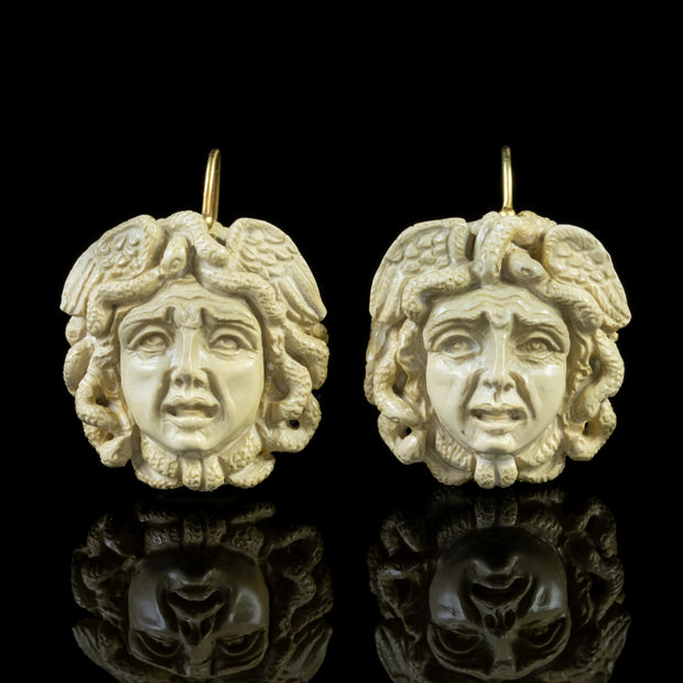 Antique Victorian Hand Carved Lava Stone Medusa Earrings Circa 1850