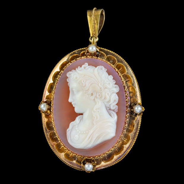 Antique Victorian Hardstone Cameo Pearl Brooch Pendant 18Ct Gold Circa 1860