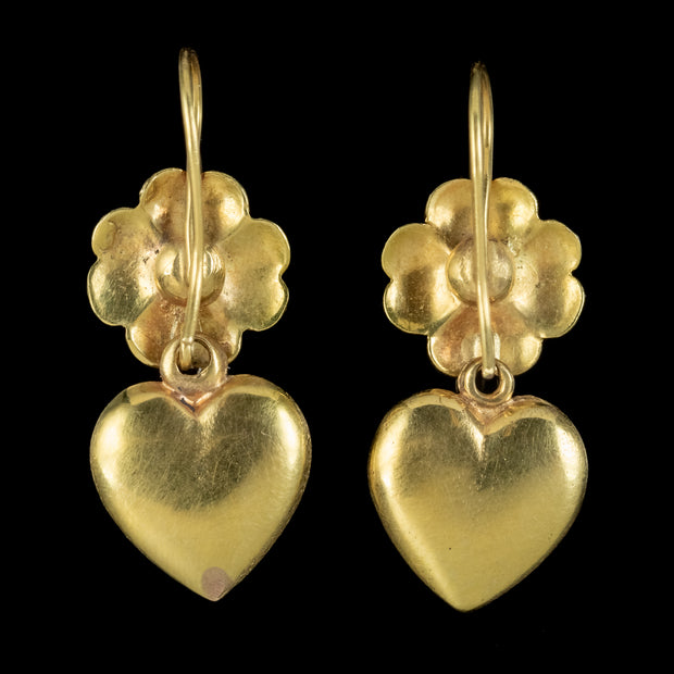 Antique Victorian Heart Four Leaf Clover Earrings 18ct Gold Circa 1860