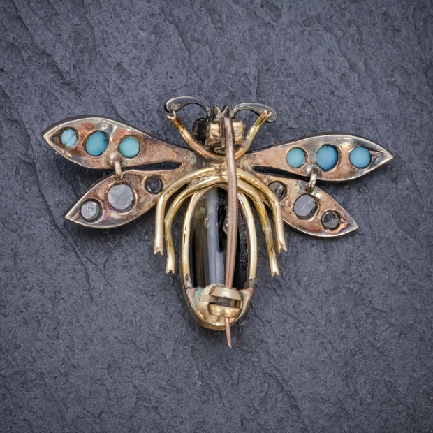 Antique Victorian Insect Brooch Diamond Turquoise Pearl Agate Silver 18Ct Gold Circa 1880
