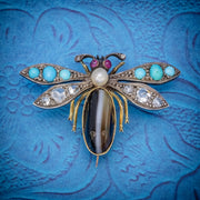 Antique Victorian Insect Brooch Diamond Turquoise Pearl Agate Silver 18Ct Gold Circa 1880