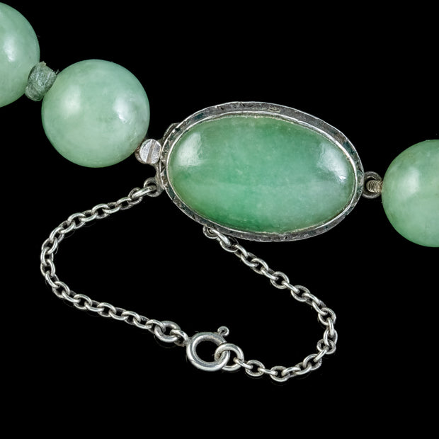 Antique Victorian Jadeite Jade Bead Necklace Silver Clasp Circa 1900 Cert