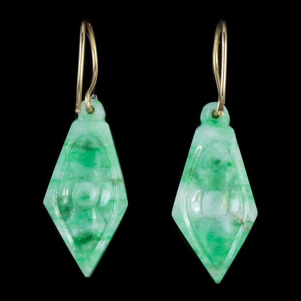Antique Victorian Jade Diamond Drop Earrings 18Ct Gold Circa 1900