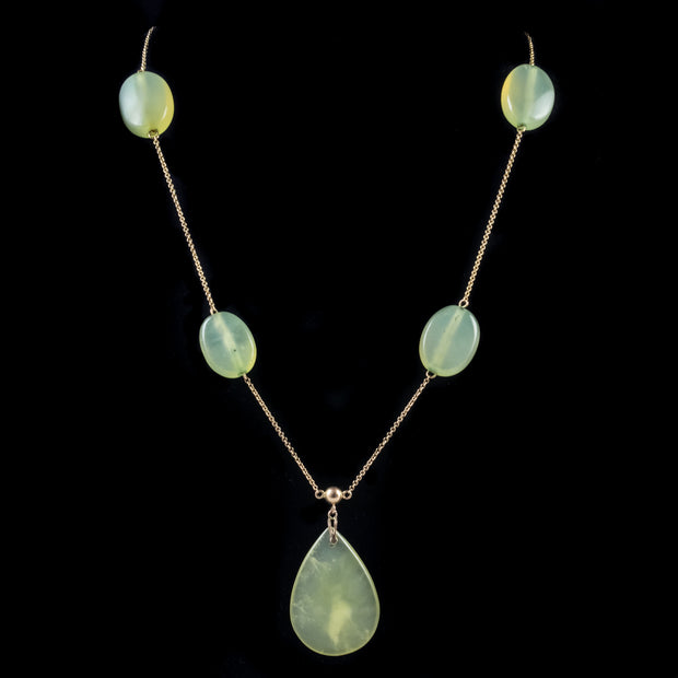 Antique Victorian Jade Pendant Necklace 9Ct Gold Sautoir Chain Circa 1900