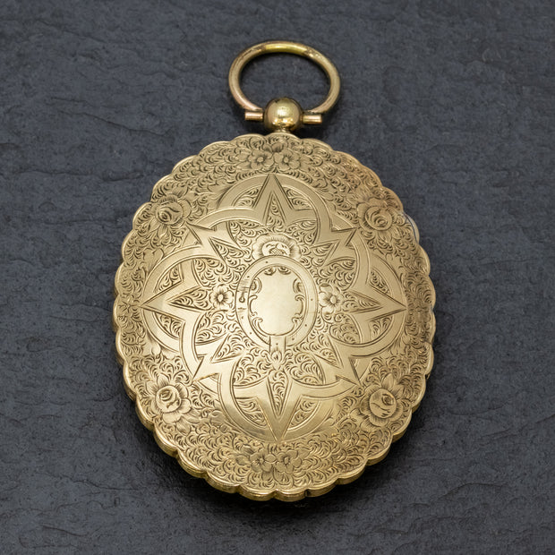 Antique Victorian Large Engraved Locket 9Ct Gold Silver Circa 1850