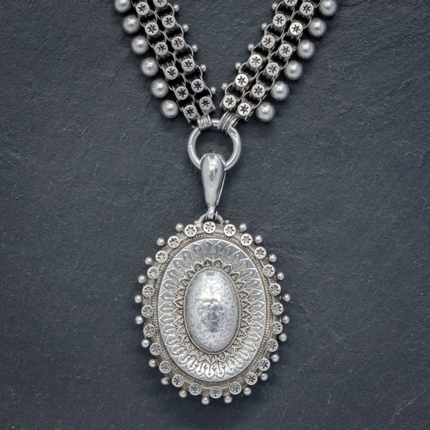 Antique Victorian Locket Collar Silver Necklace Circa 1880