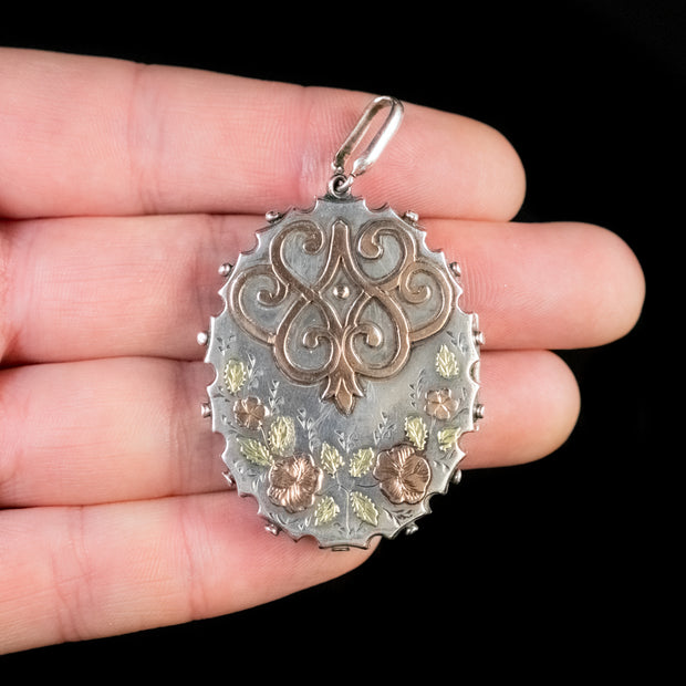 Antique Victorian Locket Forget Me Not Silver 18Ct Gold Circa 1880