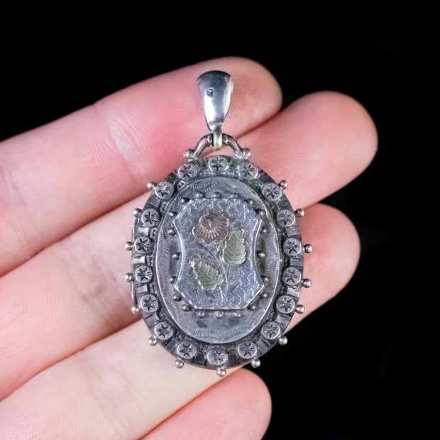 Antique Victorian Forget Me Not Locket Silver 18Ct Gold Dated 1886