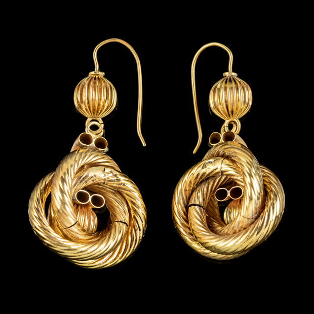 Antique Victorian Lovers Knot Drop Earrings 18ct Gold Circa 1880