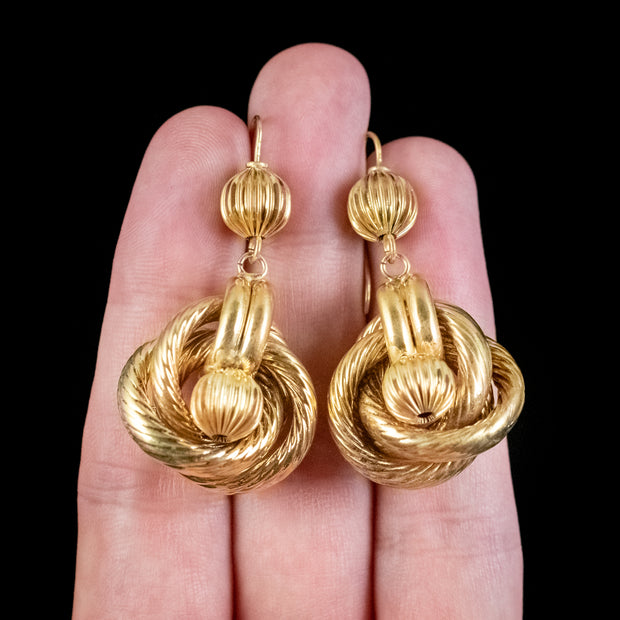 Antique Victorian Lovers Knot Drop Earrings 18ct Gold Circa 1880