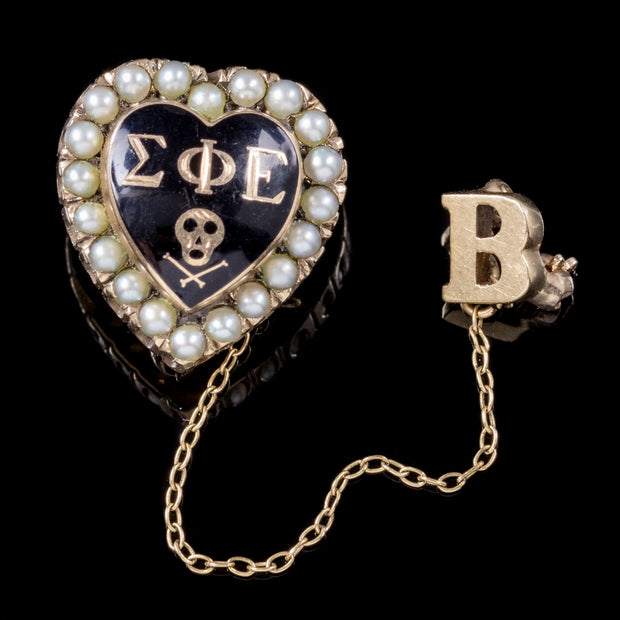 Vintage Sigma Phi Epsilon Fraternity Badge Pearl Heart Brooch 10ct Gold