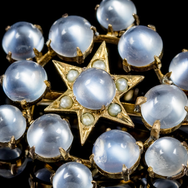 Antique Victorian Moonstone Pearl Star Pendant Brooch 18Ct Gold Circa 1880
