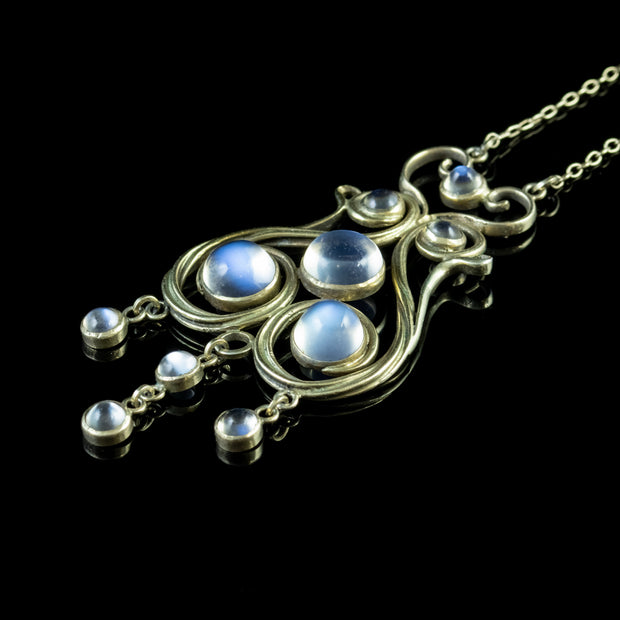 Antique Victorian Moonstone Pendant Necklace Silver Art Nouveau Circa 1900