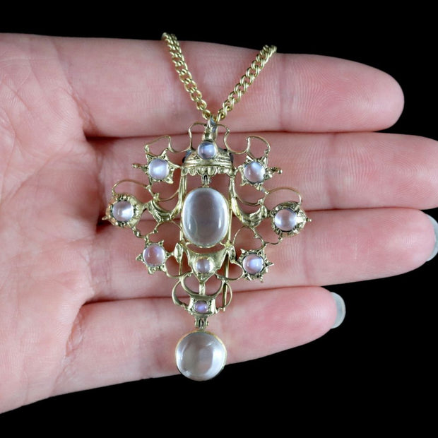 Antique Victorian Moonstone Pendant Necklace Silver Gold Circa 1880