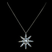 Antique Victorian Moonstone Star Pendant Necklace Silver Brooch Chain Circa 1880