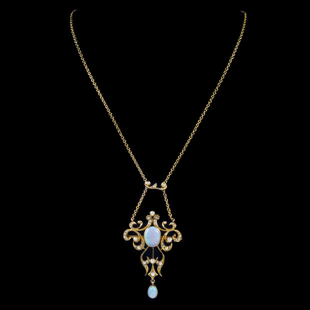 Antique Victorian Natural Opal Pendant Necklace 18Ct Gold Circa 1880