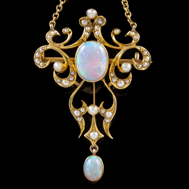 Antique Victorian Natural Opal Pendant Necklace 18Ct Gold Circa 1880