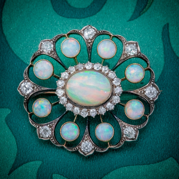 Antique Edwardian Opal Diamond Flower Brooch 5.1ct Of Opal