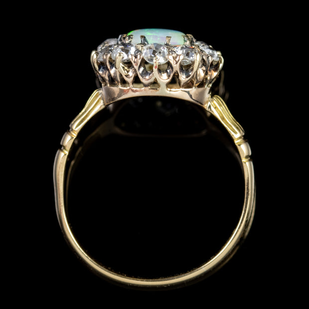 Antique Victorian Opal Diamond Cluster Ring 18Ct Gold Circa 1900