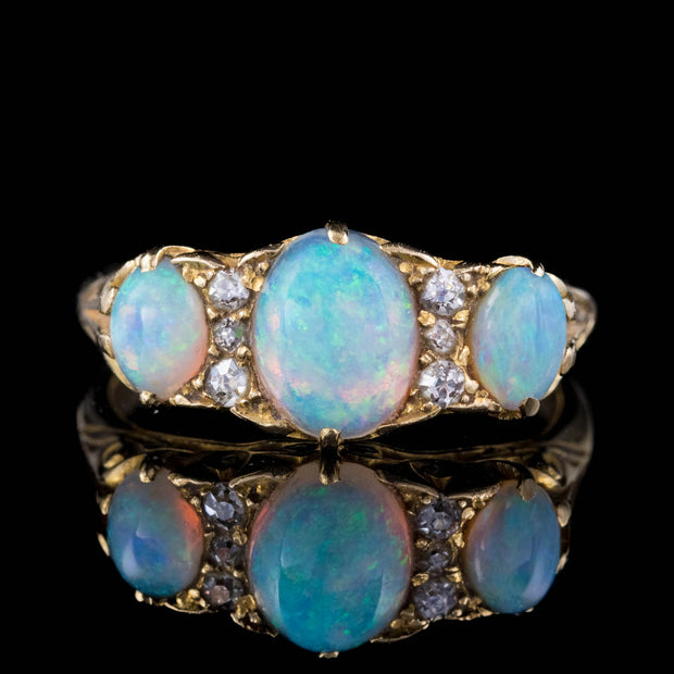 Antique Victorian Opal Diamond Ring 18Ct Gold Circa 1900 Boxed