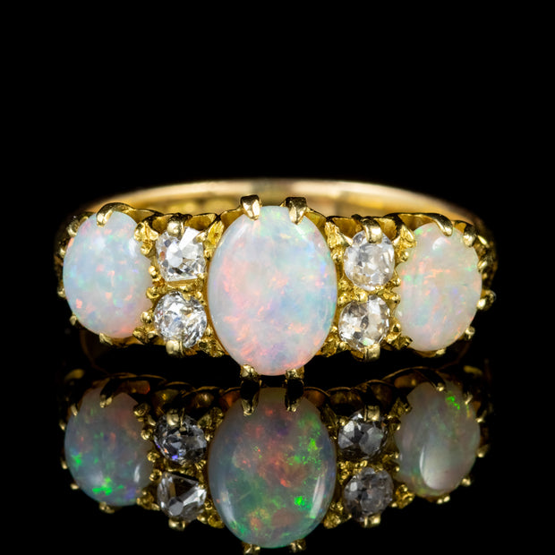 Antique Victorian Opal Diamond Trilogy Ring 18Ct Gold Circa 1880